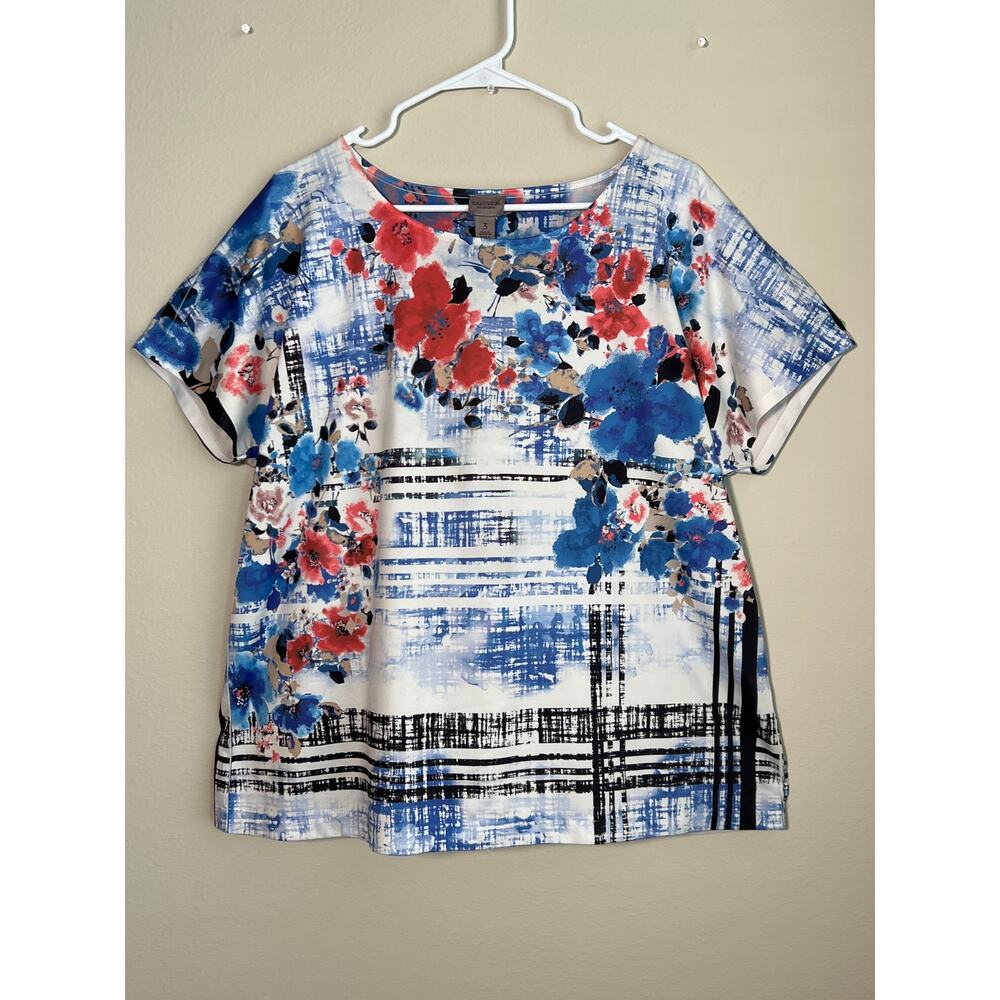 Easywear by Chico’s Mixed Floral & Grid Print Top – Short Sleeve Knit Tee, Sz 3